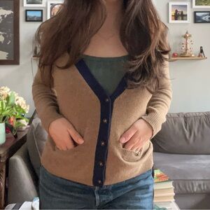 Wallace Brown Merino Wool Cardigan with Navy Trim Y2K Sz S